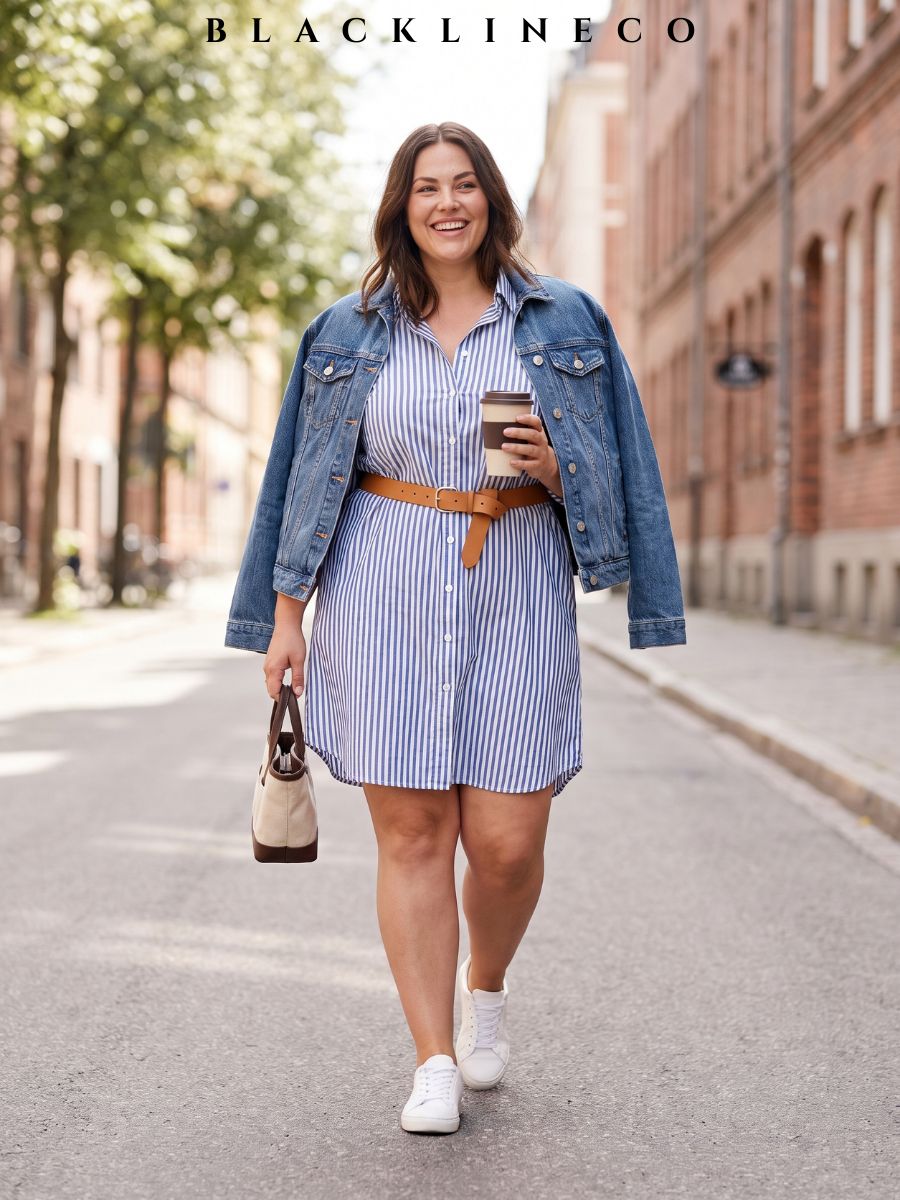 Plus size woman wearing a blue striped shirt dress with a denim jacket