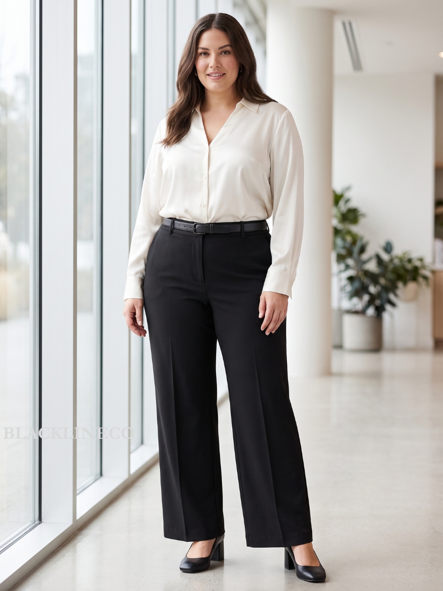 plus size satin blouse tucked into black wide-leg trousers as a cocktail outfit