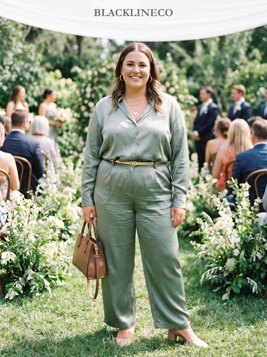 Plus size woman wearing a sage-green satin blouse and wide-leg trousers to a wedding