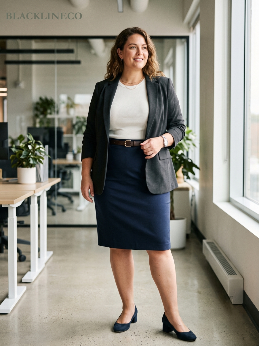 plus size pencil skirt work outfit with a white knit top and blazer