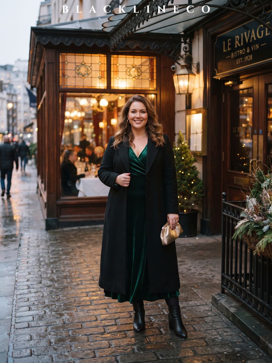 plus size emerald velvet maxi dress with tights under a long black wool coat