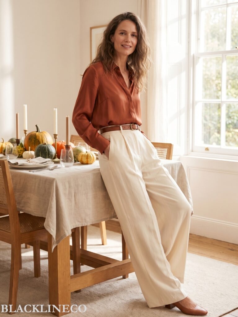 wide-leg trousers and silky blouse warm weather Thanksgiving outfit