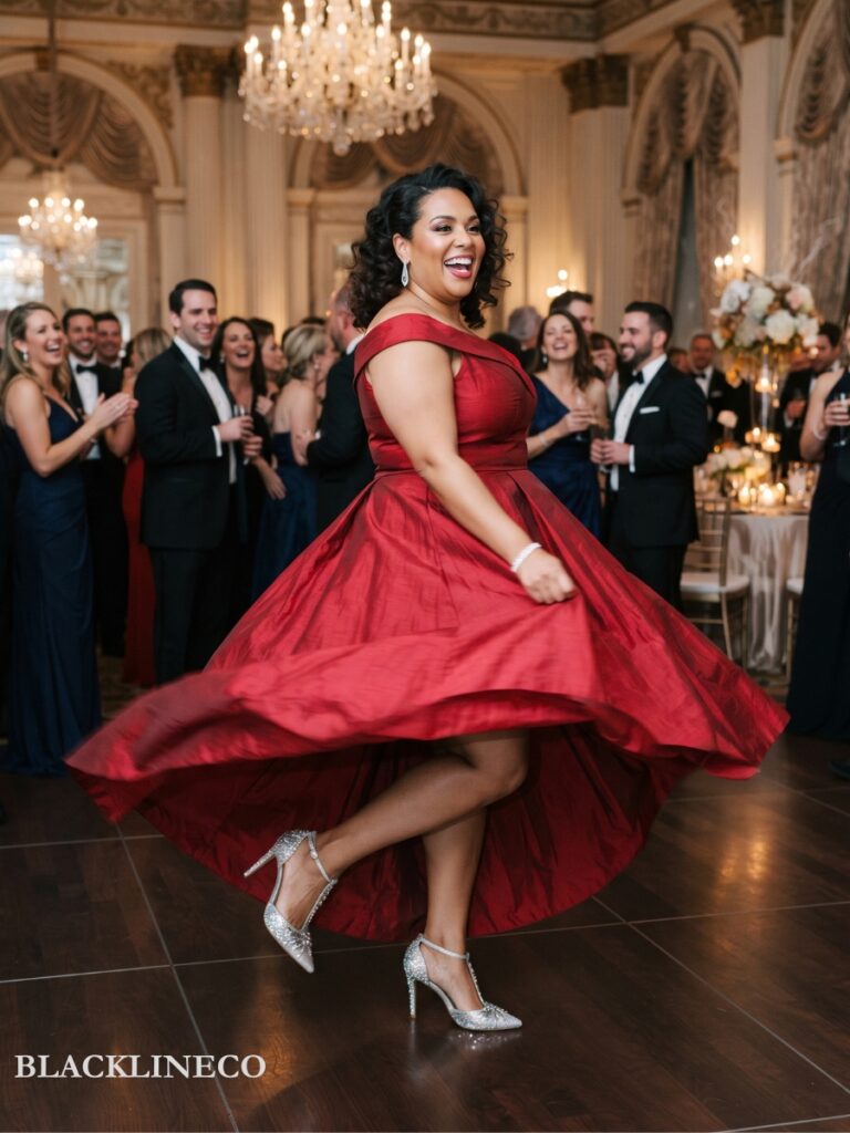 plus size high-low taffeta formal dress with statement heels
