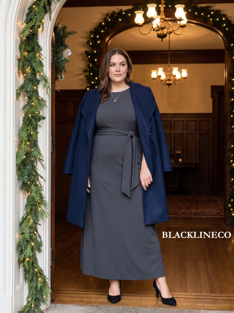 Plus size woman in a charcoal long-sleeve maxi dress for a winter wedding