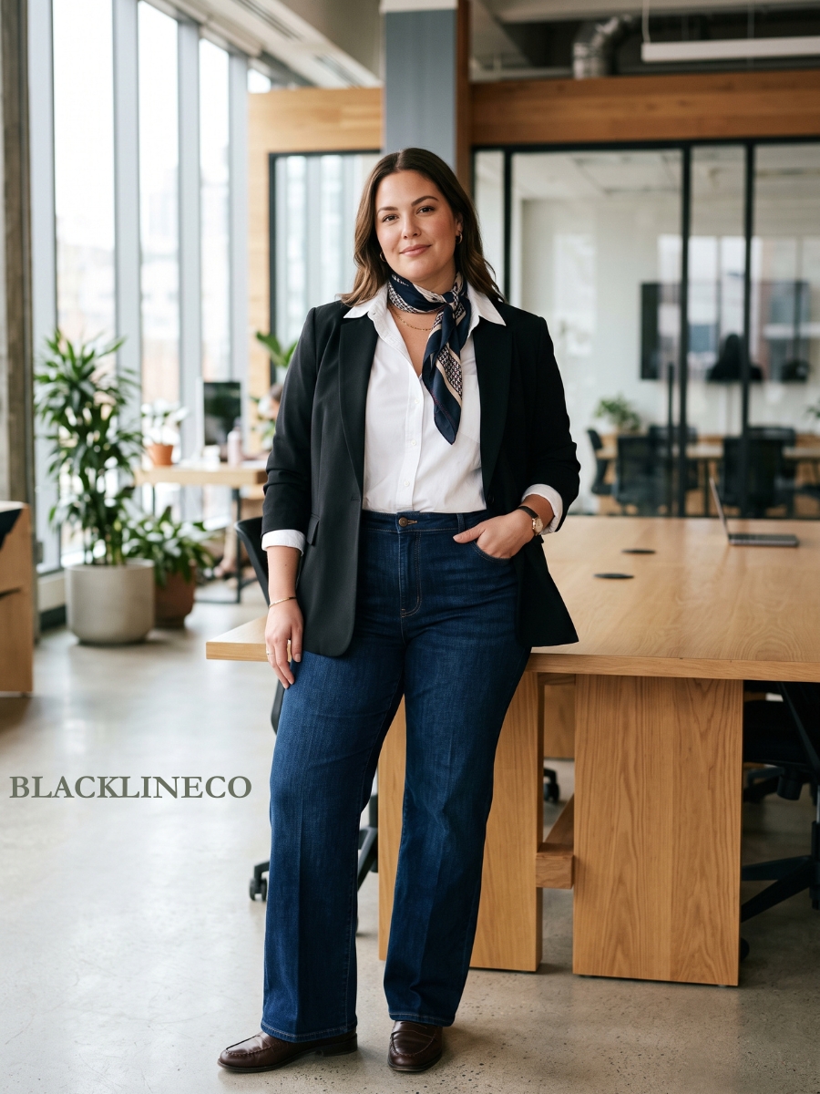 plus size business casual outfit with dark-wash trouser jeans, white shirt, and black blazer