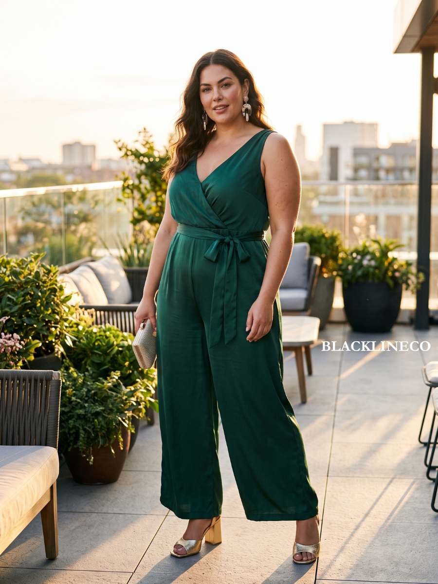 plus size emerald wide-leg jumpsuit with a tie waist for a summer evening