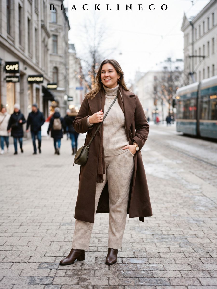 plus size oatmeal matching knit sweater and trousers under a long brown coat