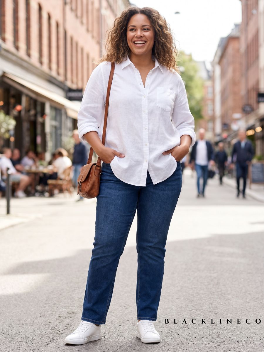 Plus size woman wearing an oversized white button-down shirt and dark blue jeans