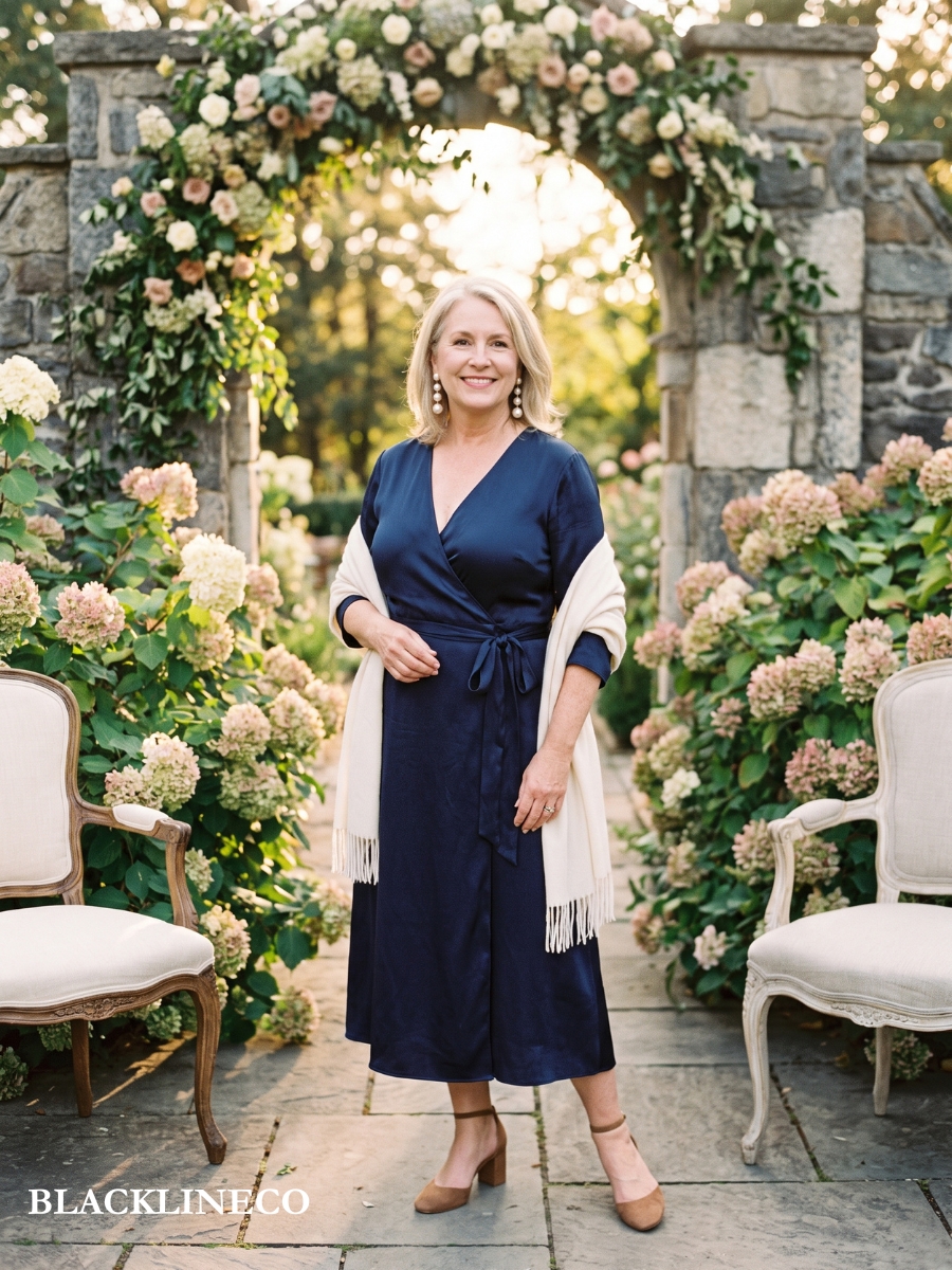Stylish plus size woman over 50 wearing a navy midi wrap dress to a wedding