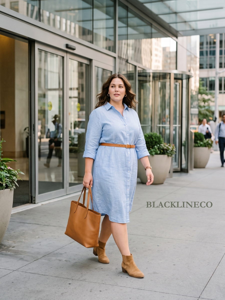 plus size light blue shirt dress with a tan belt for work