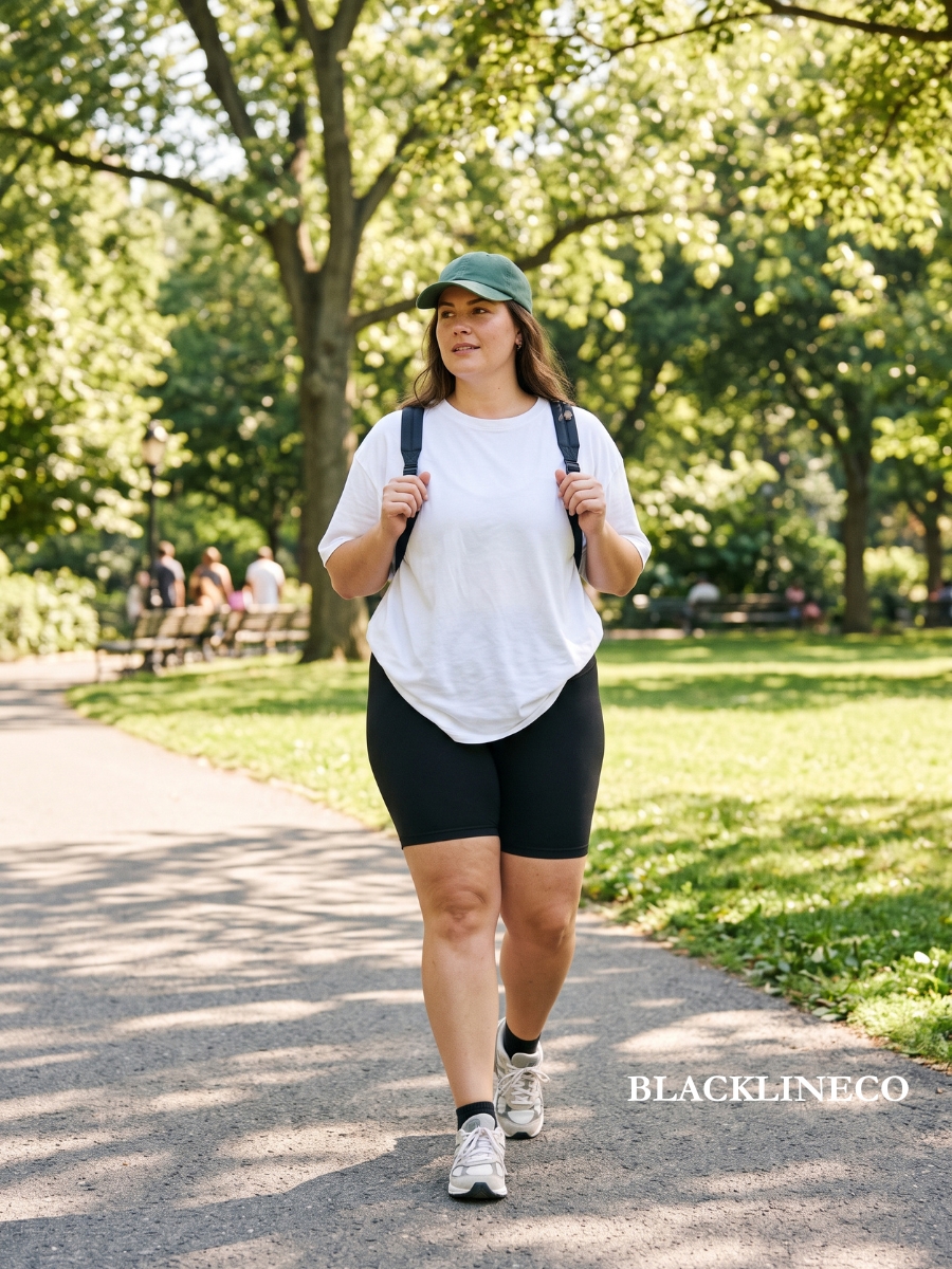 plus size black biker shorts with an oversized white tee for a casual summer day