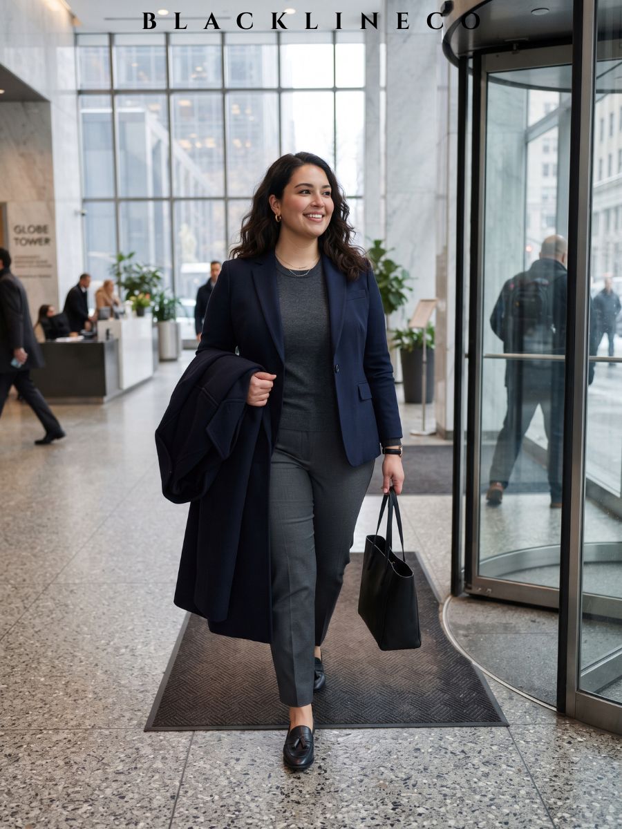 plus size grey fine-knit sweater under a navy blazer with charcoal tailored trousers