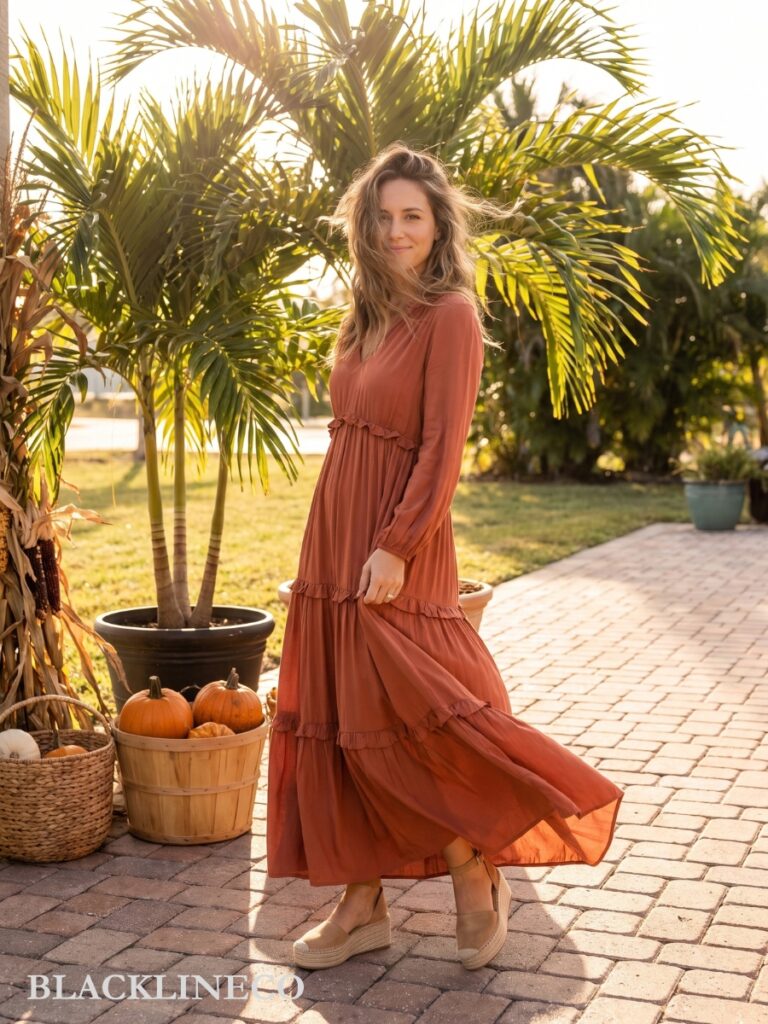 breezy terracotta maxi dress for a Florida Thanksgiving outfit