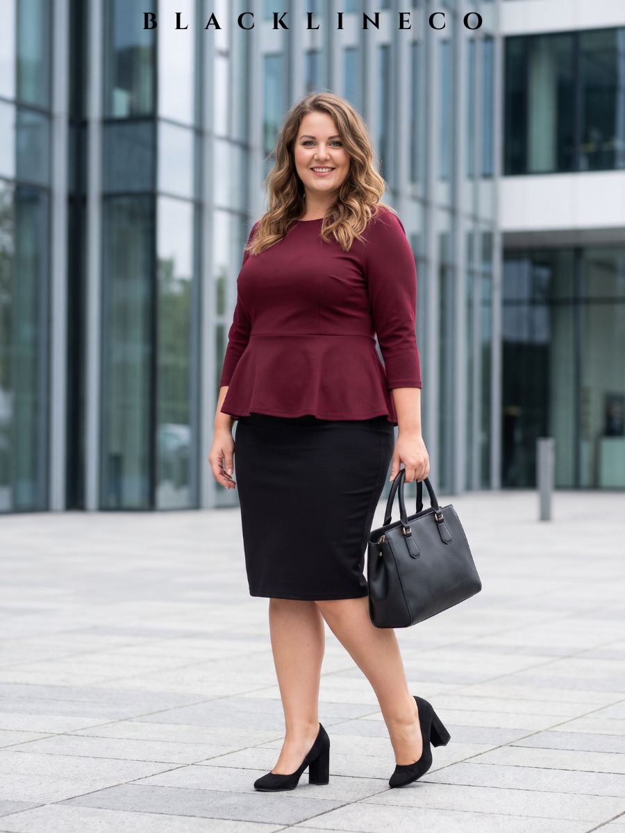 Curvy woman wearing a black stretch pencil skirt and burgundy peplum top