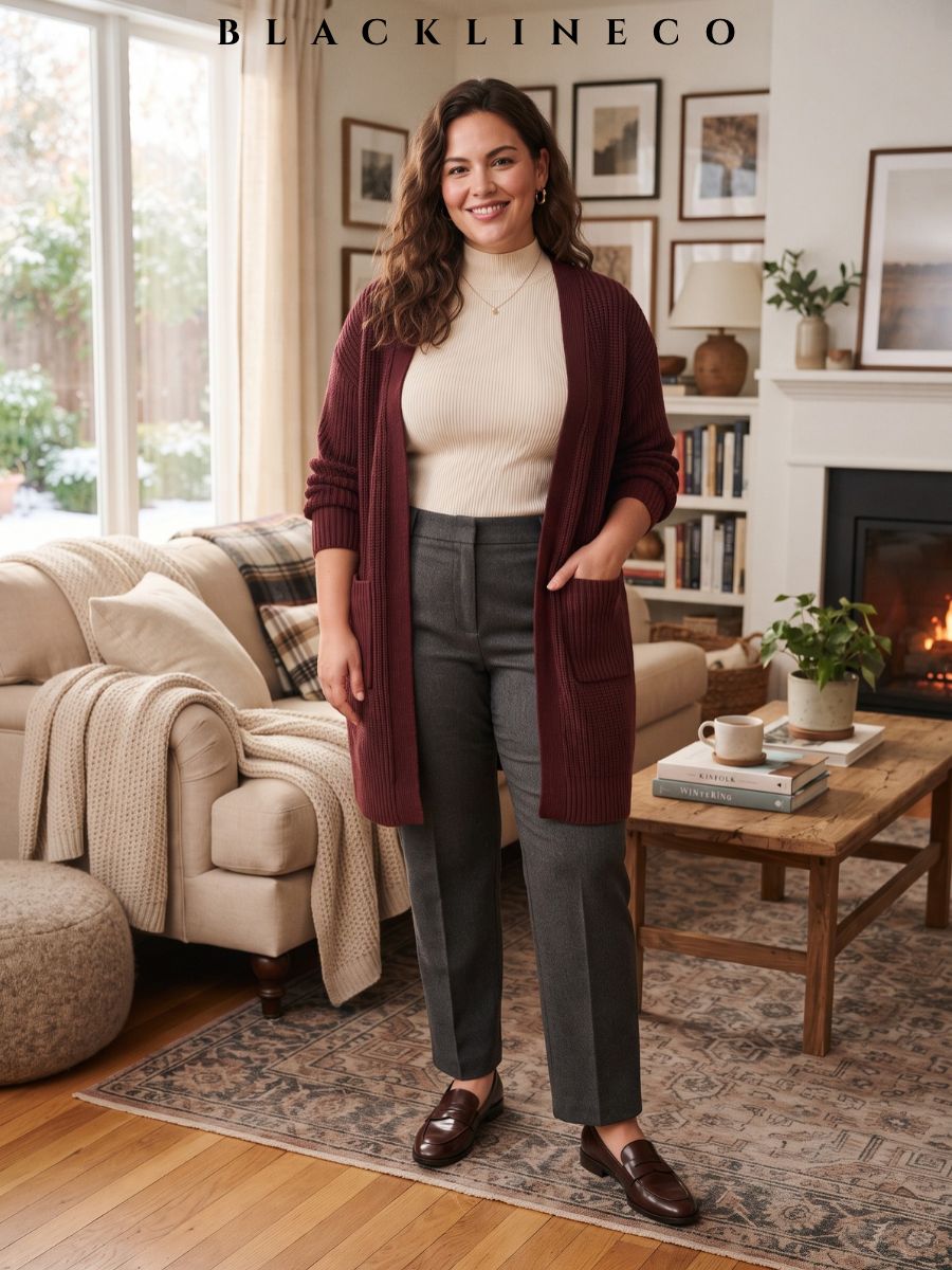 plus size long burgundy cardigan with a cream top and charcoal straight-leg trousers