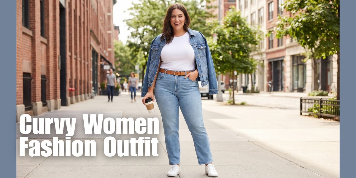 Curvy plus size woman wearing light blue high-waisted jeans and a white t-shirt on a city street