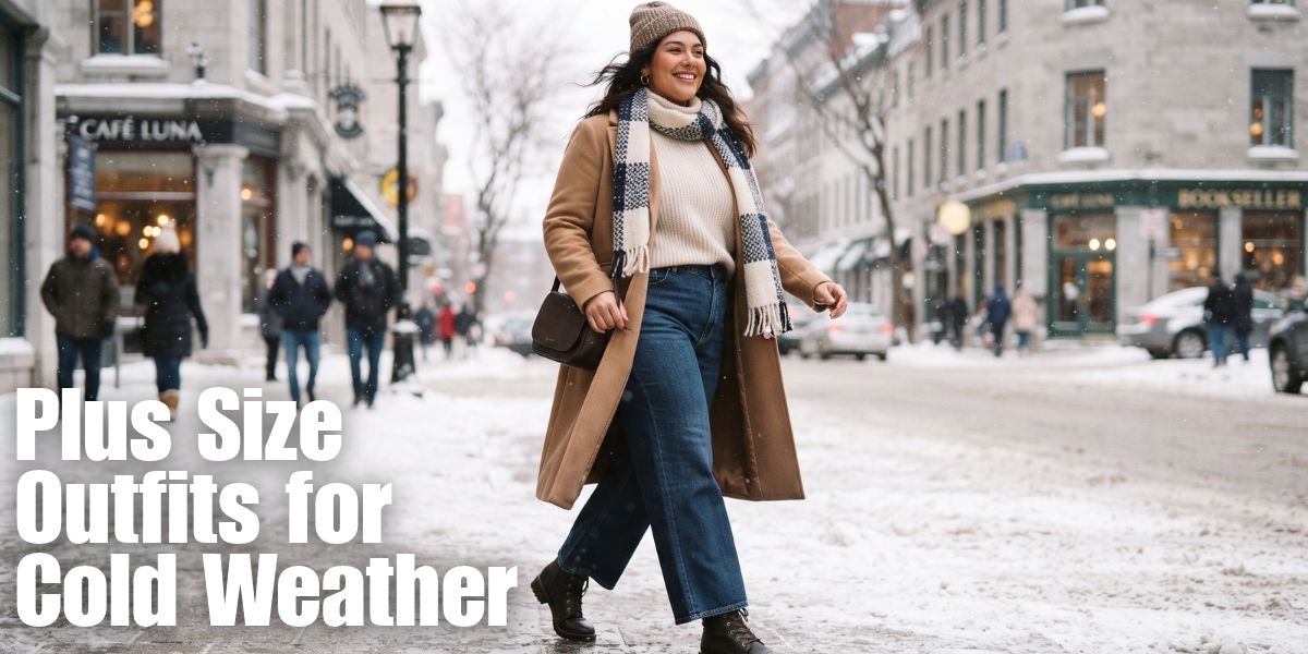 plus size woman in a long camel wool coat, cream turtleneck, and wide-leg jeans walking on a snowy city street