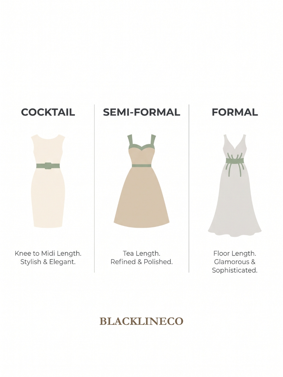 infographic comparing cocktail, semi-formal, and formal dress code lengths