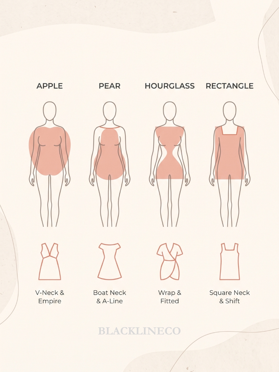 infographic showing the best cocktail dress necklines for apple, pear, hourglass, and rectangle body shapes