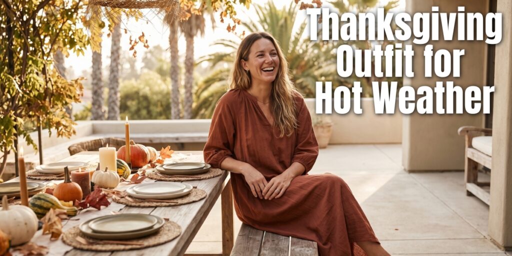 woman in a rust cotton midi dress at a sunny outdoor Thanksgiving dinner table