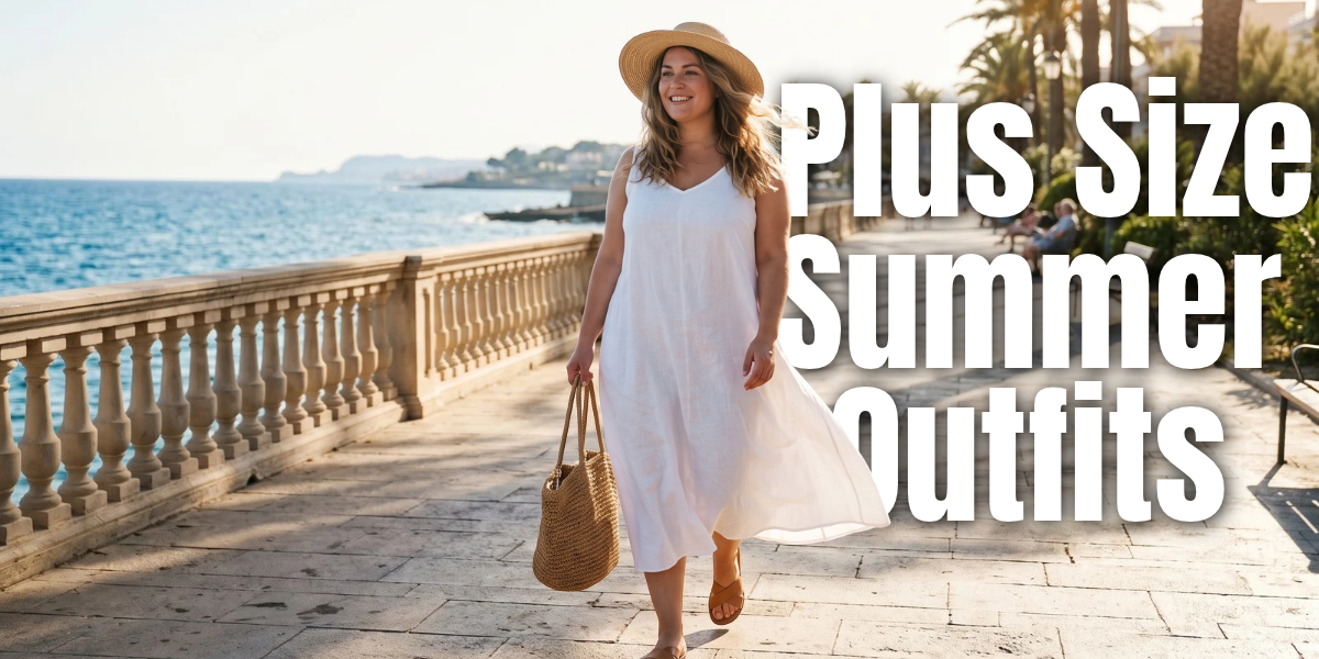 plus size woman in a white linen midi sundress and straw hat walking along a sunny seaside promenade