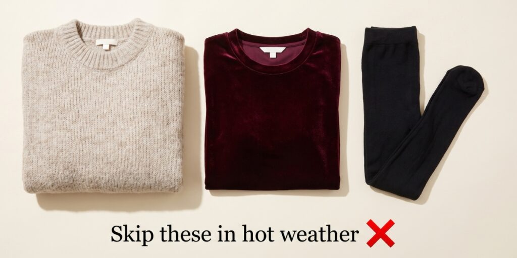 heavy knit, velvet and thick tights to avoid in a hot weather Thanksgiving outfit