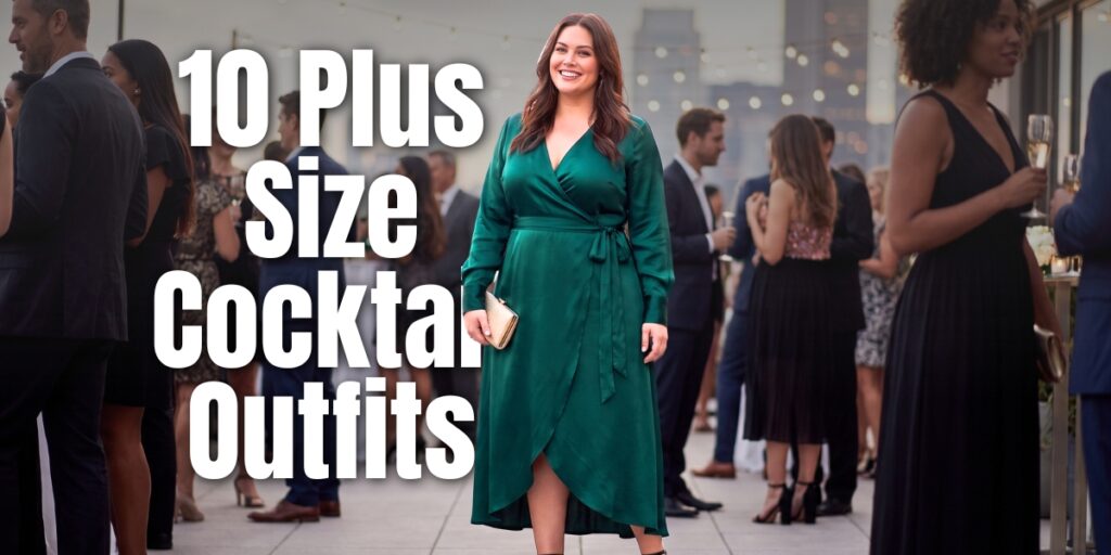 plus size woman in an emerald satin wrap dress and block heels at a cocktail party