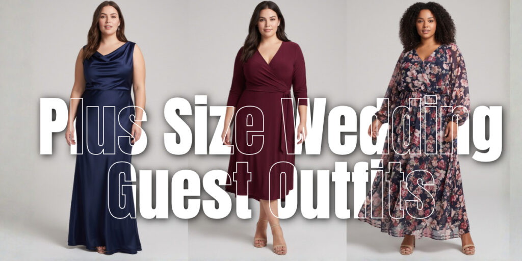 Formal, semi-formal, and casual plus size wedding guest outfits compared side by side