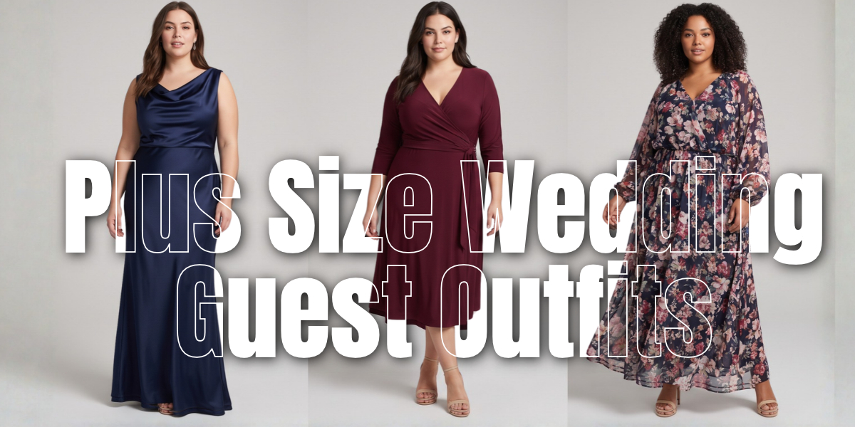 Formal, semi-formal, and casual plus size wedding guest outfits compared side by side