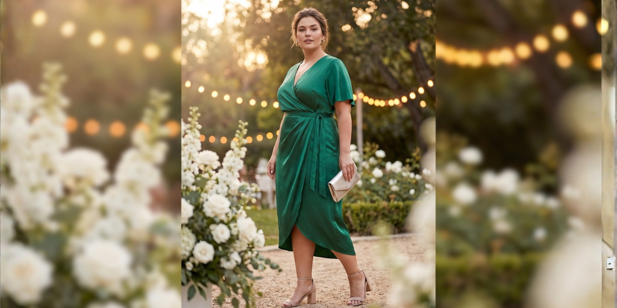 Plus size woman wearing an emerald satin wrap midi dress at an outdoor wedding