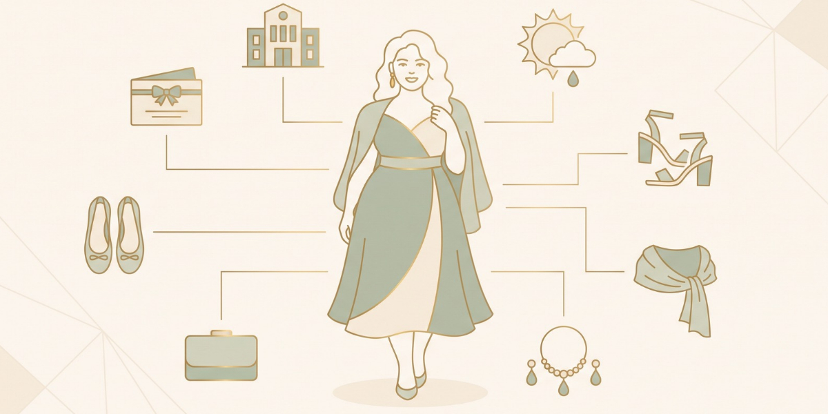 Wedding guest outfit checklist with dress code, shoes, wrap, accessories, and backup flats