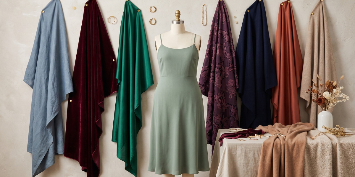 Wedding guest color palette with sage, burgundy, emerald, navy, and neutral fabric swatches
