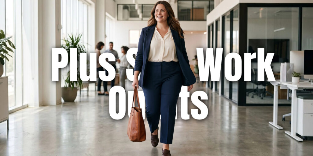 plus size woman in navy tailored trousers, cream blouse, and blazer walking through a modern office